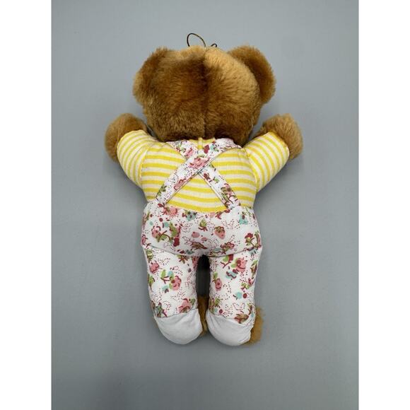 Small Teddy Bear Plush Ornament 7 Inch Stuffed Animal Floral Overalls No Tag - Picture 2 of 4